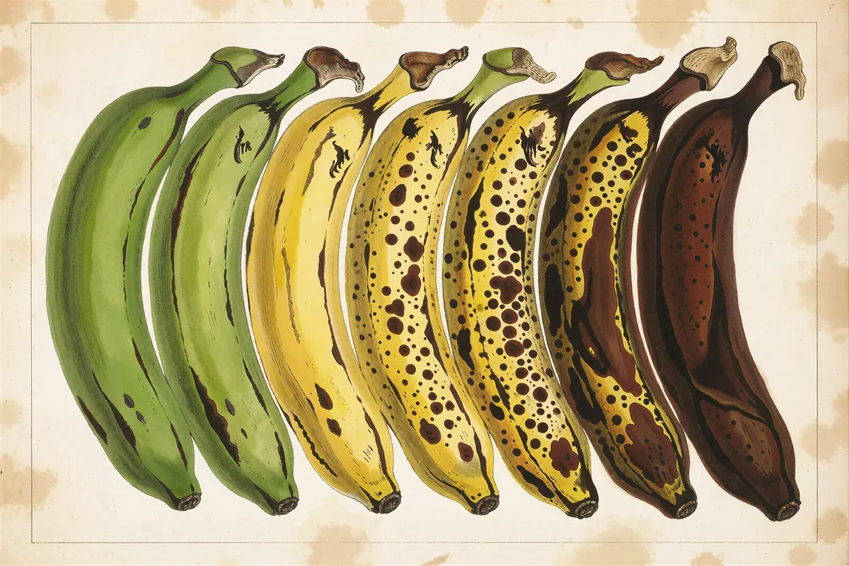 Engraved plate of seven bananas in a row progressing from green through yellow and speckled to black
