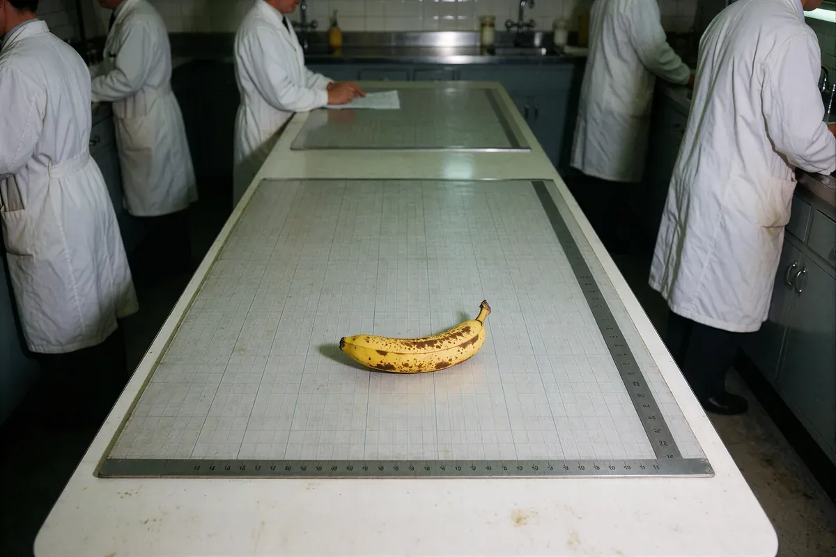 A single speckled banana alone in the middle of a long gridded laboratory bench while technicians work at the far walls