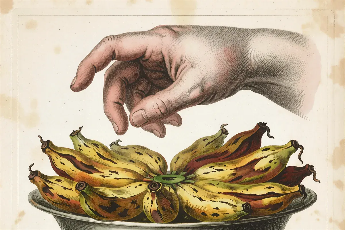 Engraved plate of a hand hovering in hesitation above a bowl of overripe speckled bananas