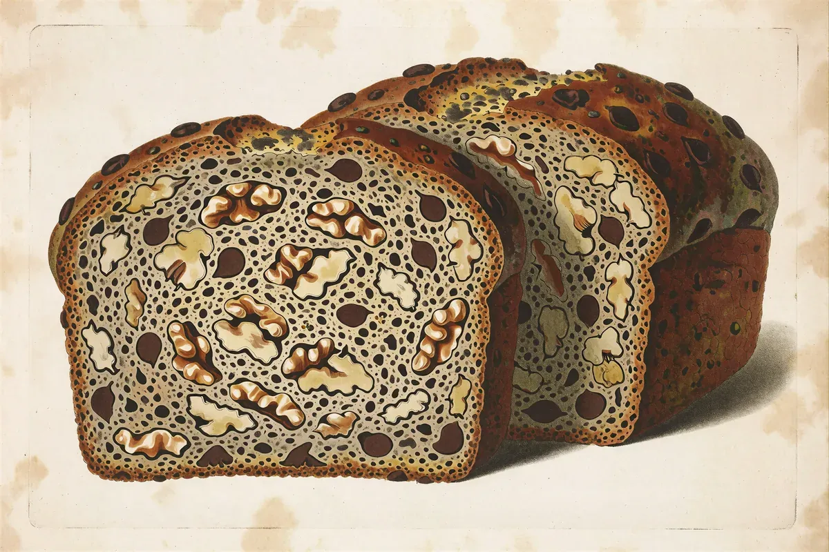 Engraved cutaway of a banana bread loaf showing crumb, walnut pieces and chocolate chips as inclusions
