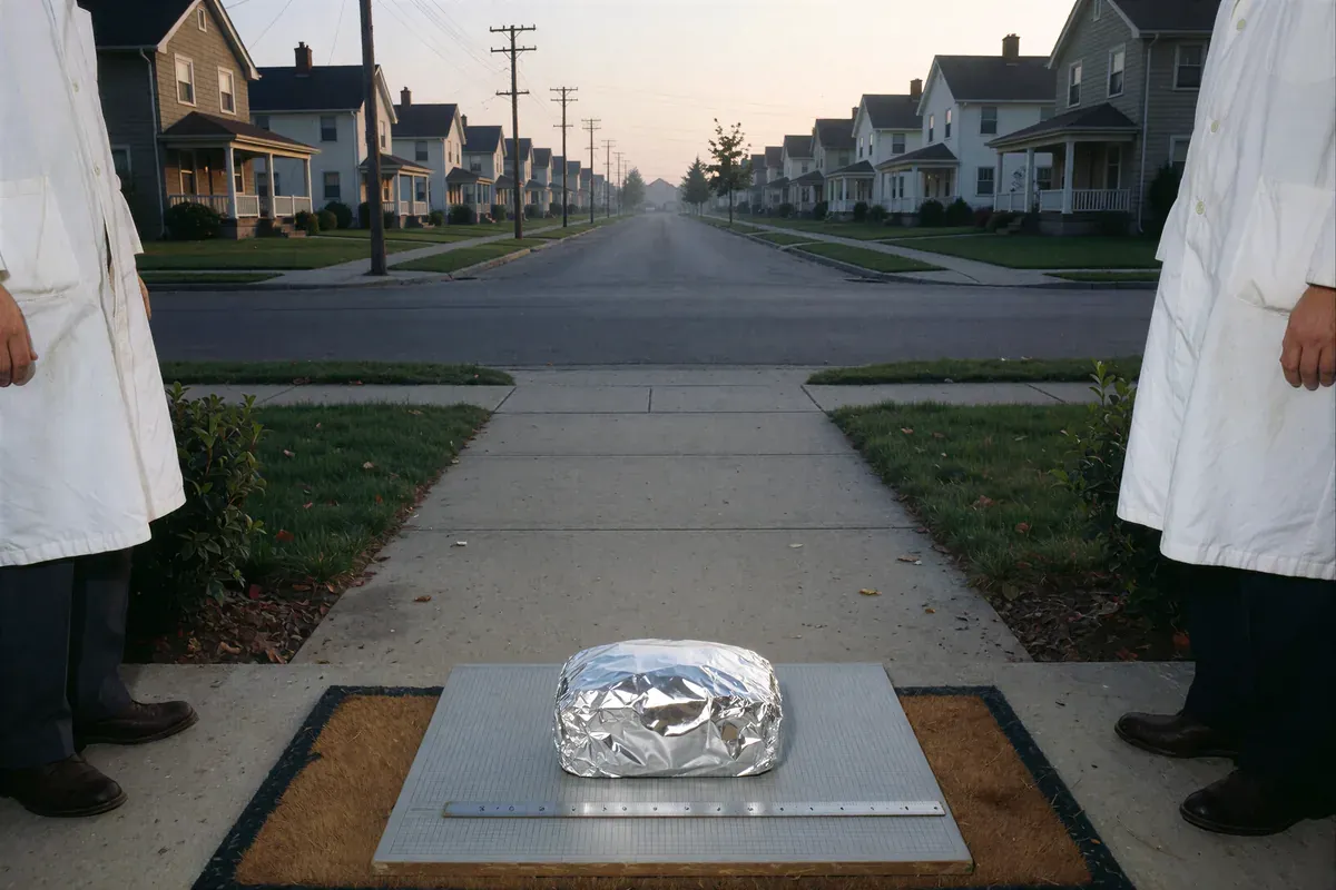 A foil-wrapped loaf on a specimen board with a ruler, placed on a doorstep mat at dawn on a suburban street, two technicians in lab coats standing at either side