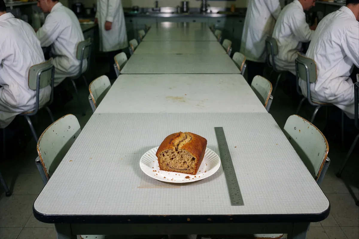 A long institutional break room table, empty except for one remaining piece of banana bread on a paper plate beside a steel ruler