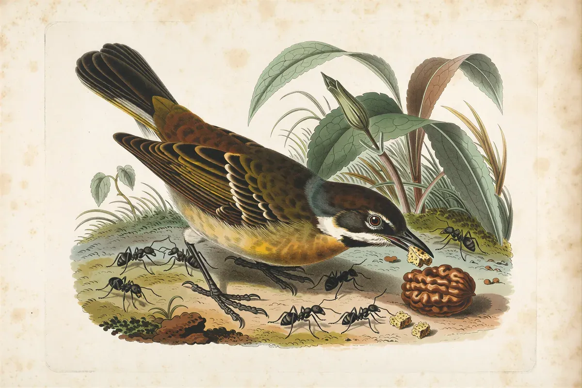 Engraved natural history plate of a songbird and ants gathering banana bread crumbs and a walnut fragment