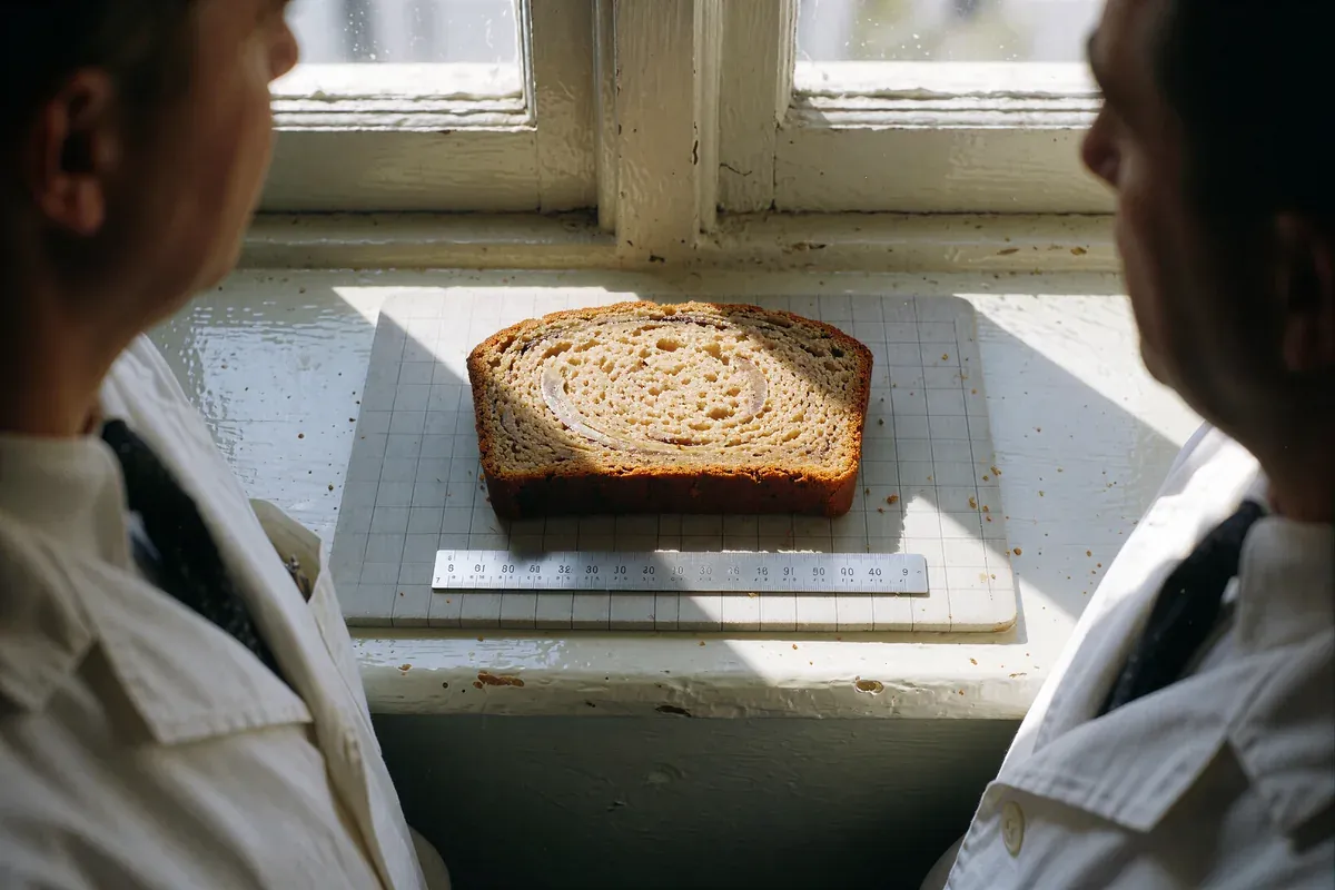 A slice of banana bread on a specimen board on a sunlit windowsill, two technicians in lab coats looking on