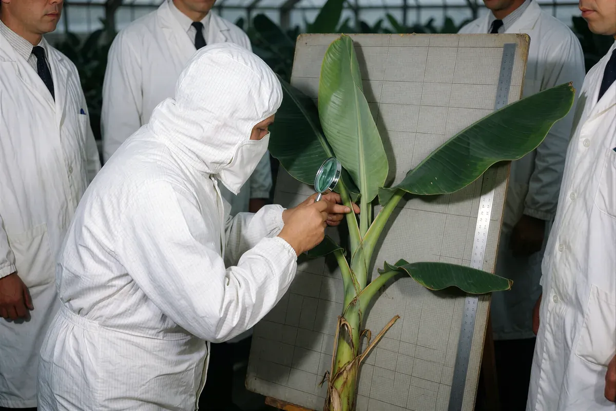 A researcher in a full white protective suit examines a banana plant with a magnifier in a greenhouse while colleagues in lab coats watch