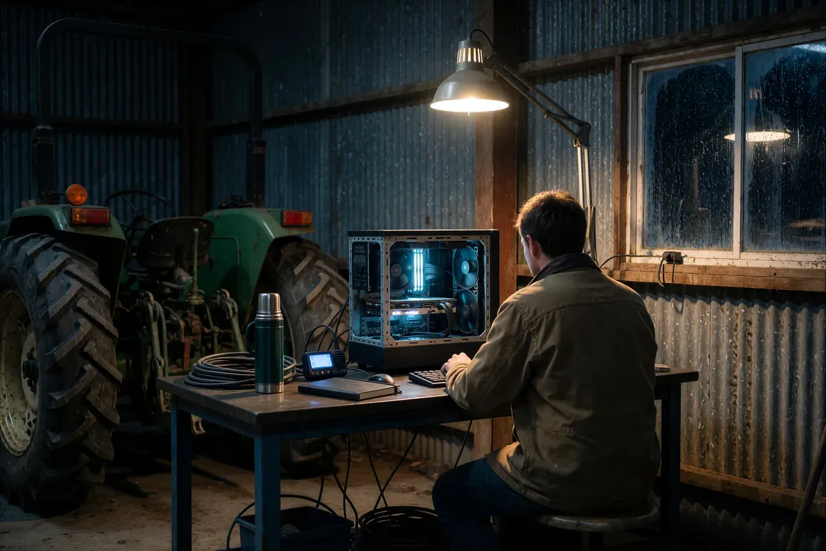 A lone person at a workbench in a corrugated steel farm machine shed at night, a tractor in shadow behind, a tower computer glowing blue beside him