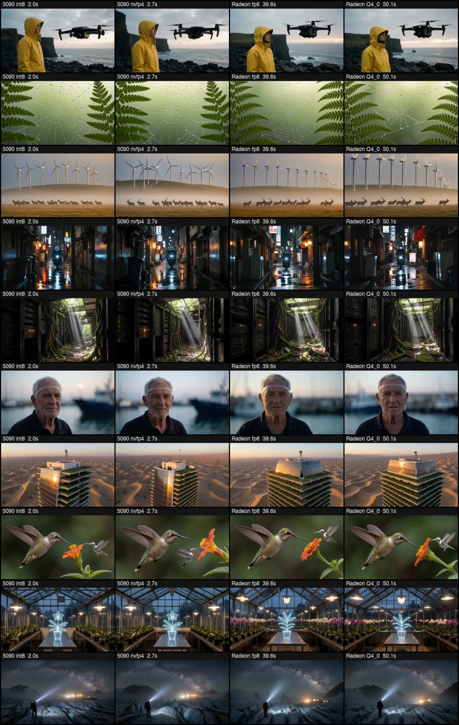 Contact sheet of ten Krea 2 Turbo prompts in four columns: 5090 int8, 5090 nvfp4, Radeon fp8, Radeon Q4_0, with seconds per image in each label