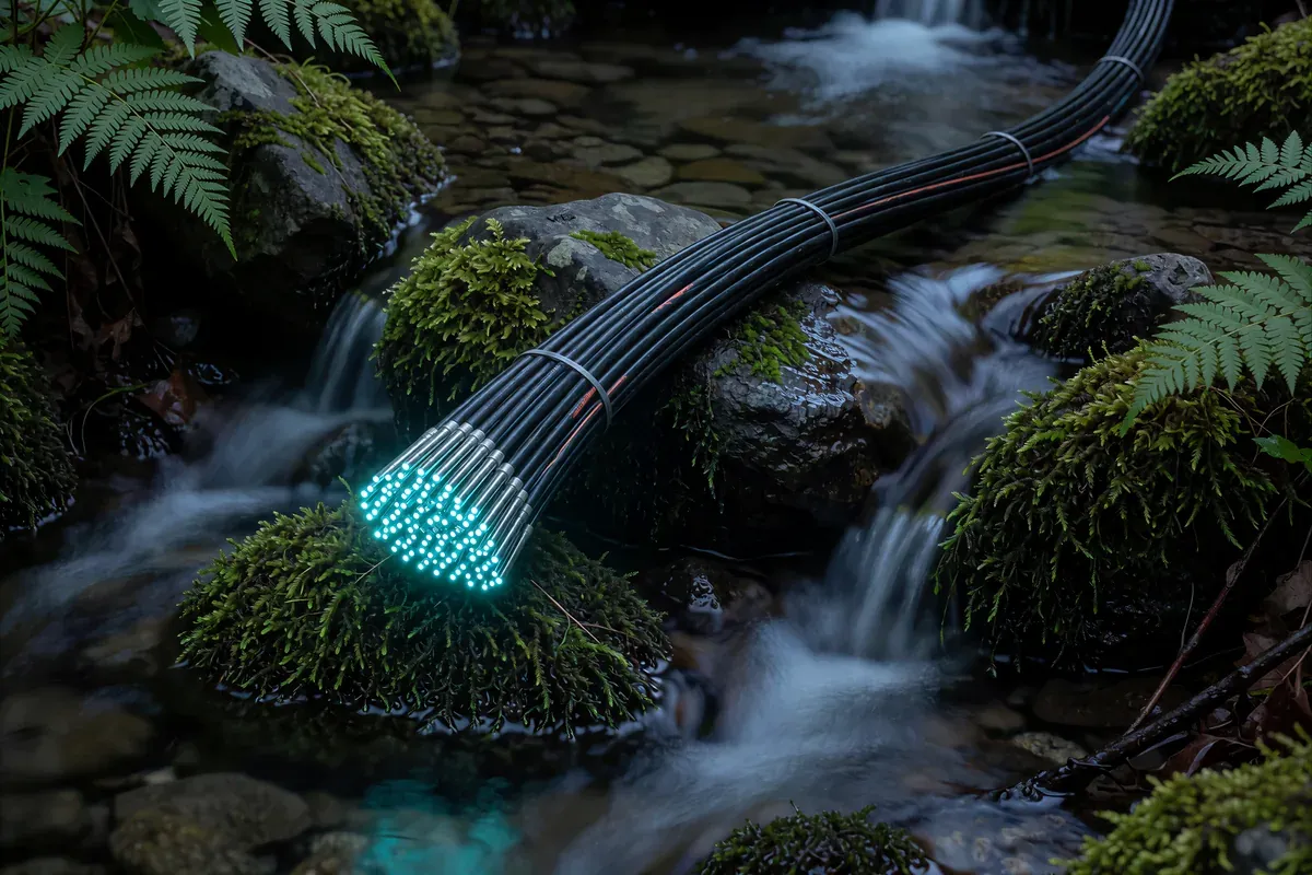 A bundle of fiber-optic cable lying across mossy rocks in a mountain stream, its cut ends glowing cyan