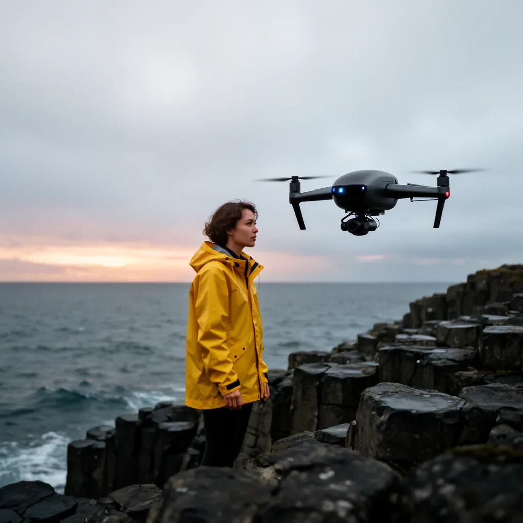 A woman with short brown hair in a yellow rain jacket stands on dark basalt rocks at dawn, a matte black drone hovering beside her over a grey sea