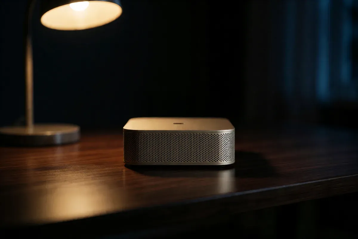 A small gold mesh-fronted mini PC on a walnut desk under a single warm lamp