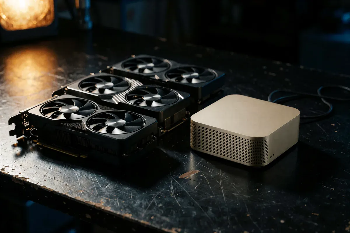 Three used graphics cards laid on a workbench under harsh light beside one small gold box