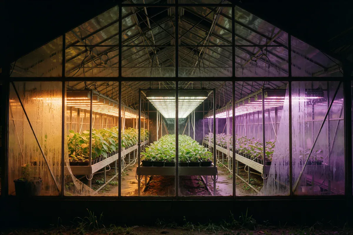 An orderly greenhouse at night, each growing bed under its own color of grow light: warm amber, cool white, soft violet