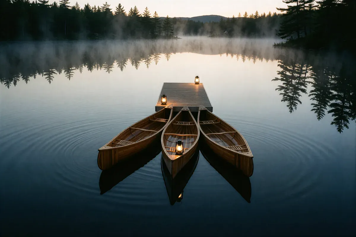 Three wooden canoes with small lanterns converging on one lit dock across a still, misty lake at dusk