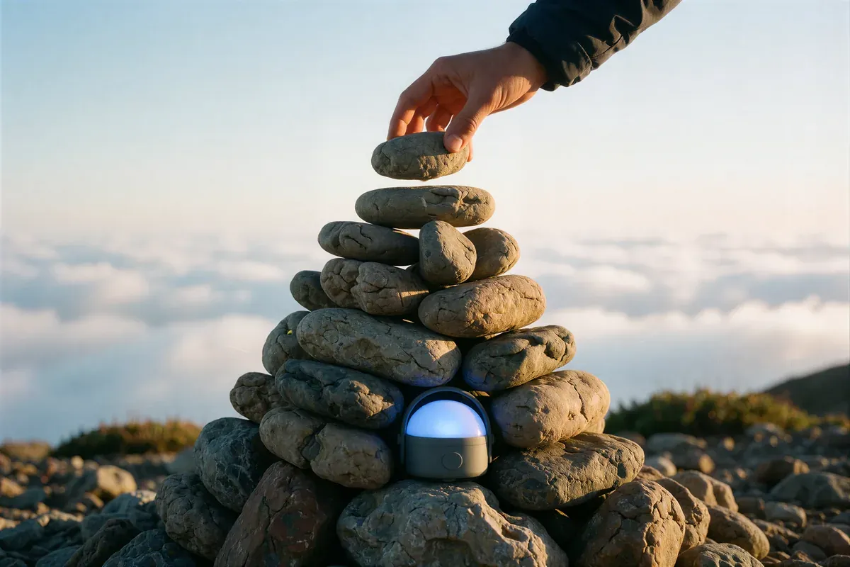 A hand placing a smooth stone on top of a trail cairn above a sea of clouds at dawn, a small device with a soft blue light at its base