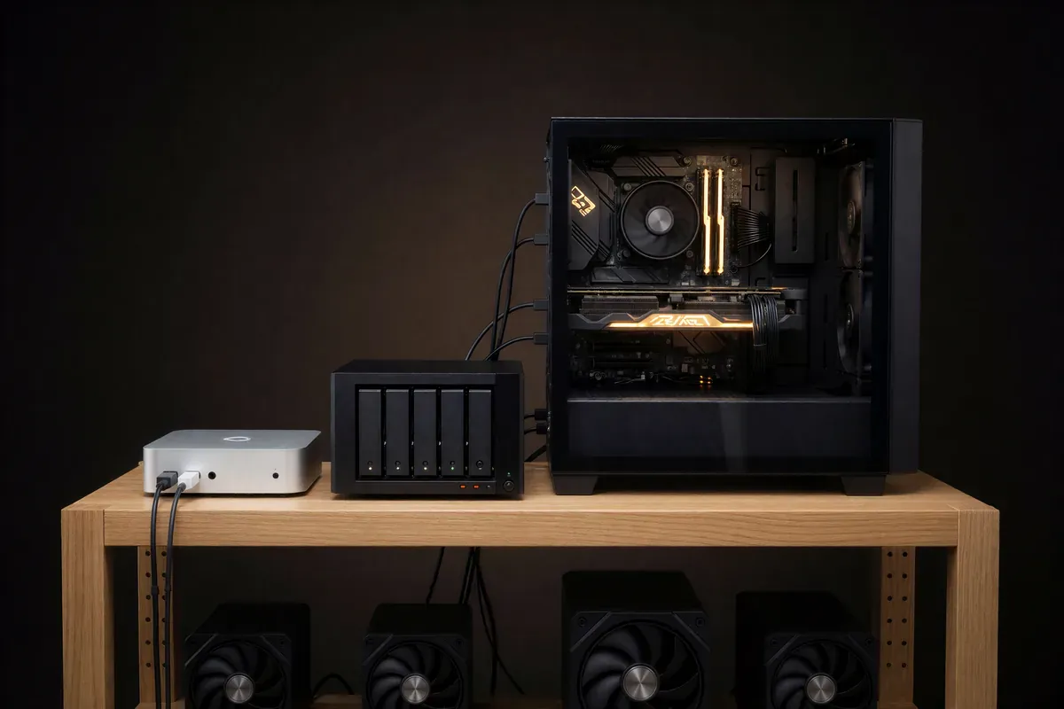 A tidy wooden shelf holding a compact silver mini computer, a black four-bay NAS and a tower PC with a glowing graphics card