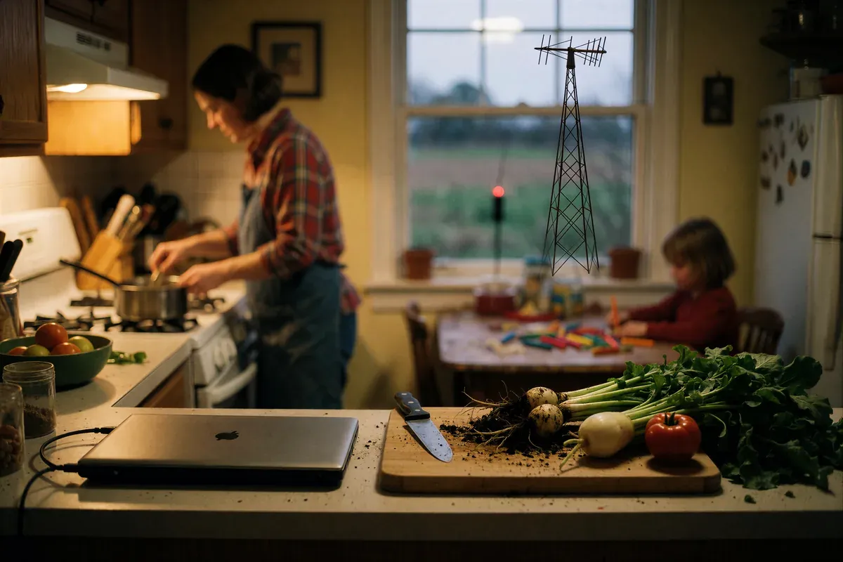 A farmhouse kitchen at dusk, a closed laptop on the counter beside fresh vegetables, a person cooking and a child drawing at the table in soft focus