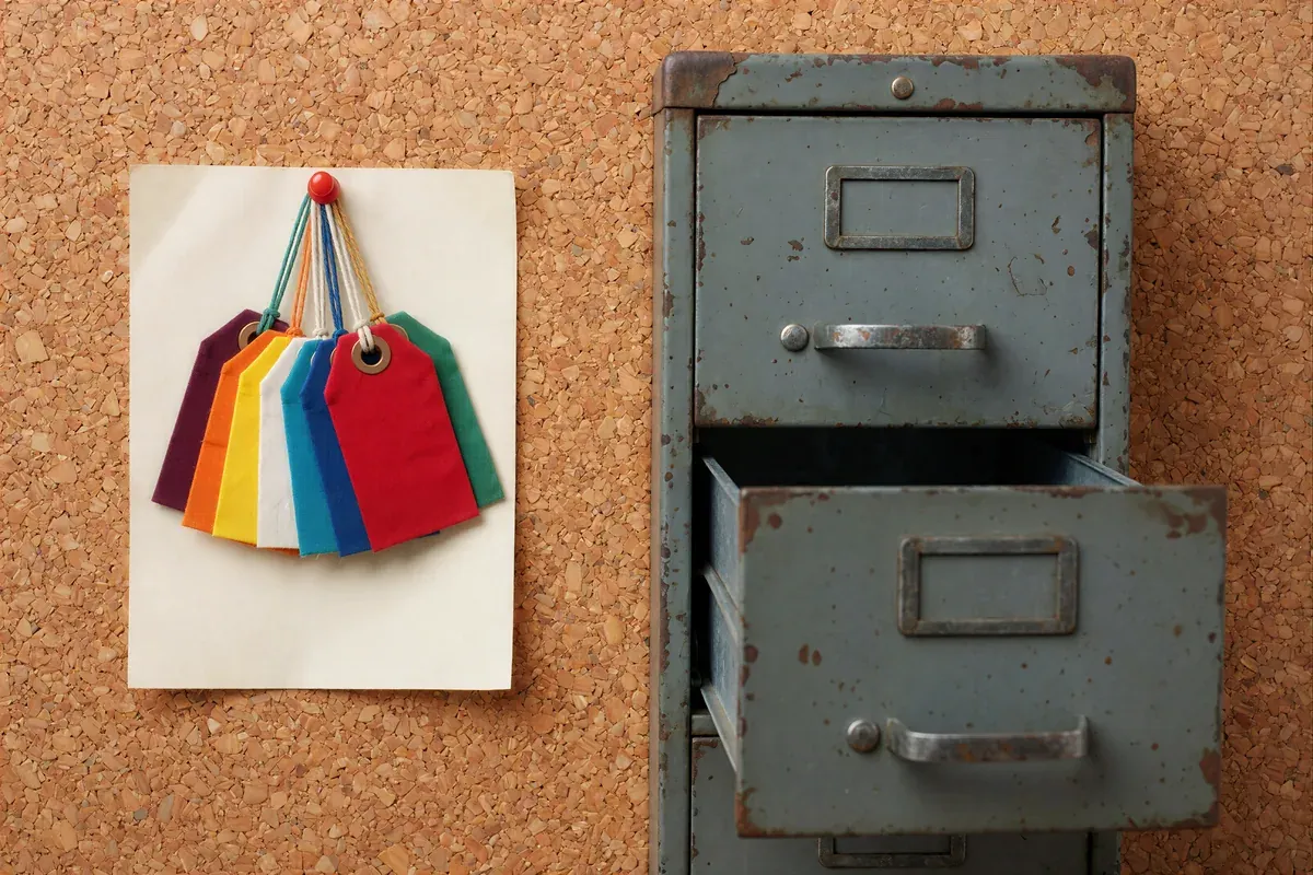 A single sheet of paper on a corkboard with several colored tags tied to it, next to an empty gray metal filing cabinet