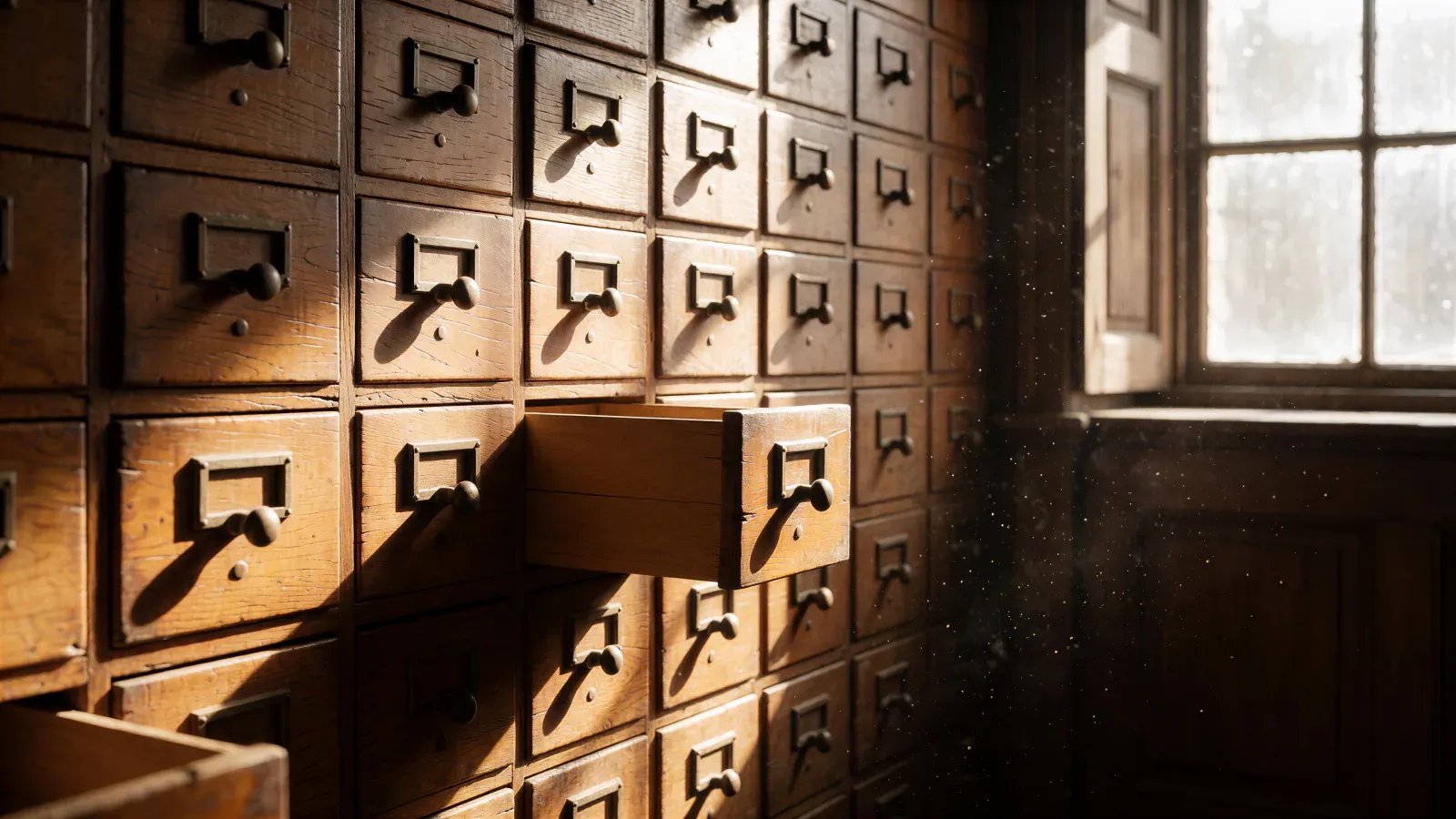 Wall of small wooden apothecary drawers with one pulled open in window light