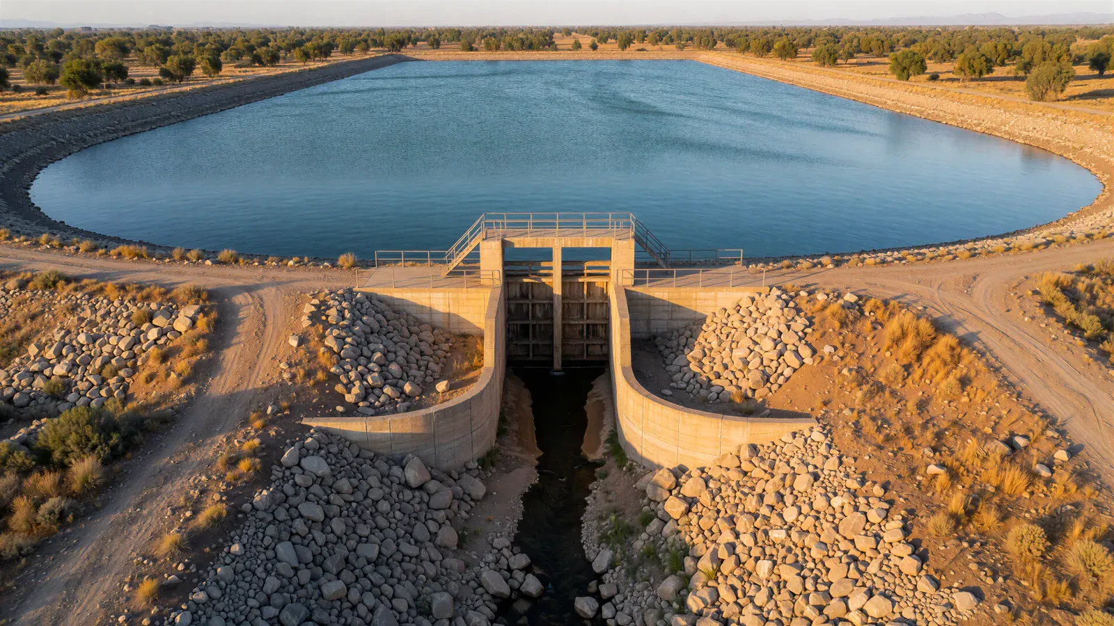 Aerial photograph of a reservoir backed up behind a small sluice gate with a thin stream escaping