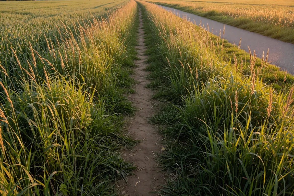 A worn dirt path through tall grass at dusk beside a paved road