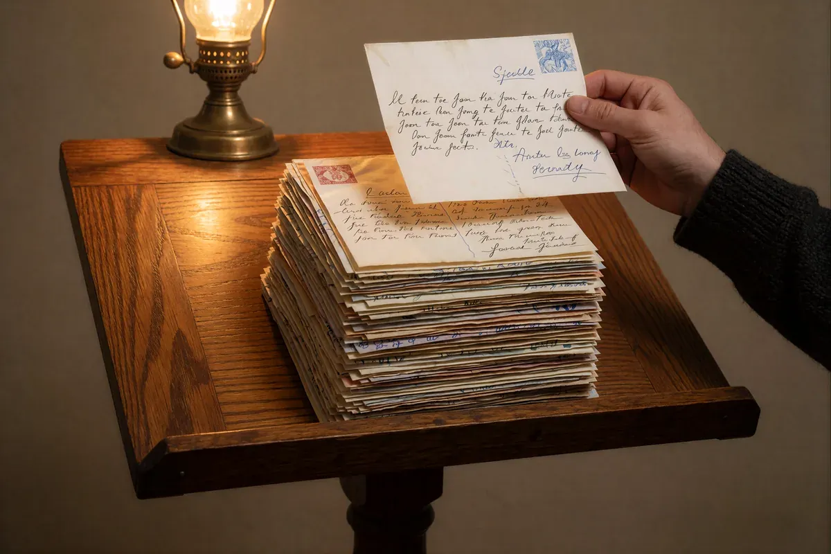 A hand lifting one handwritten letter from a tall stack on a wooden lectern