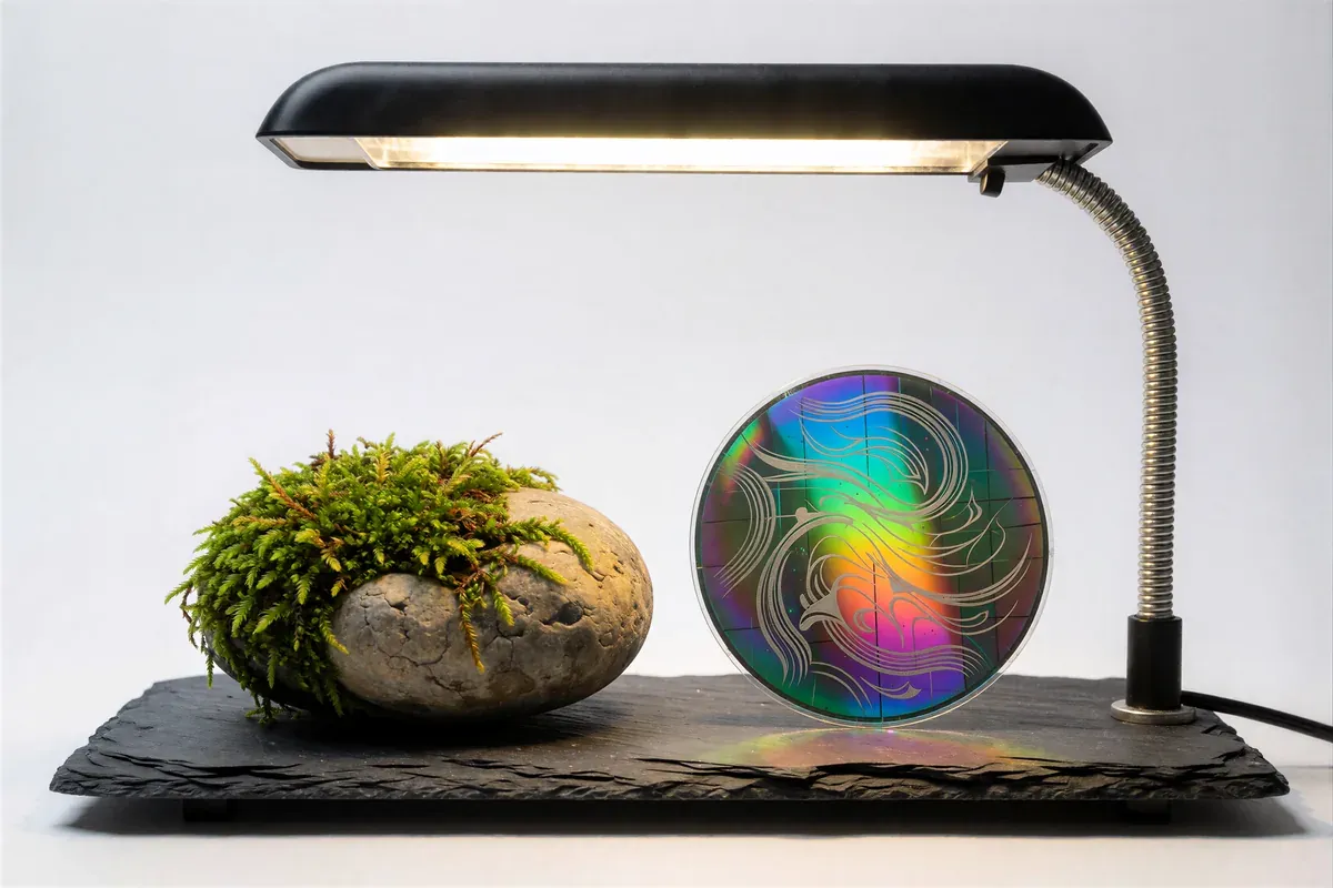 Living moss on a river stone beside an etched silicon wafer under one lamp