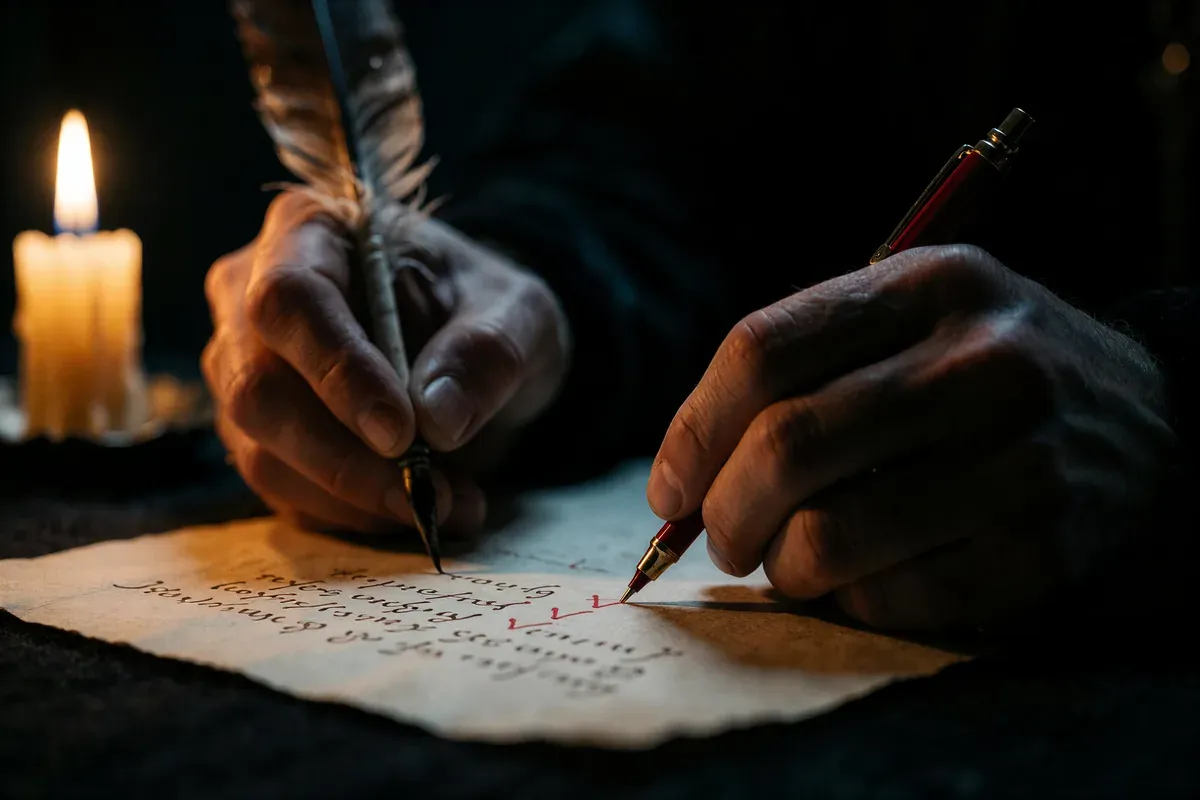 One hand writing ahead with a quill while a second hand follows with a red pen, checking each word