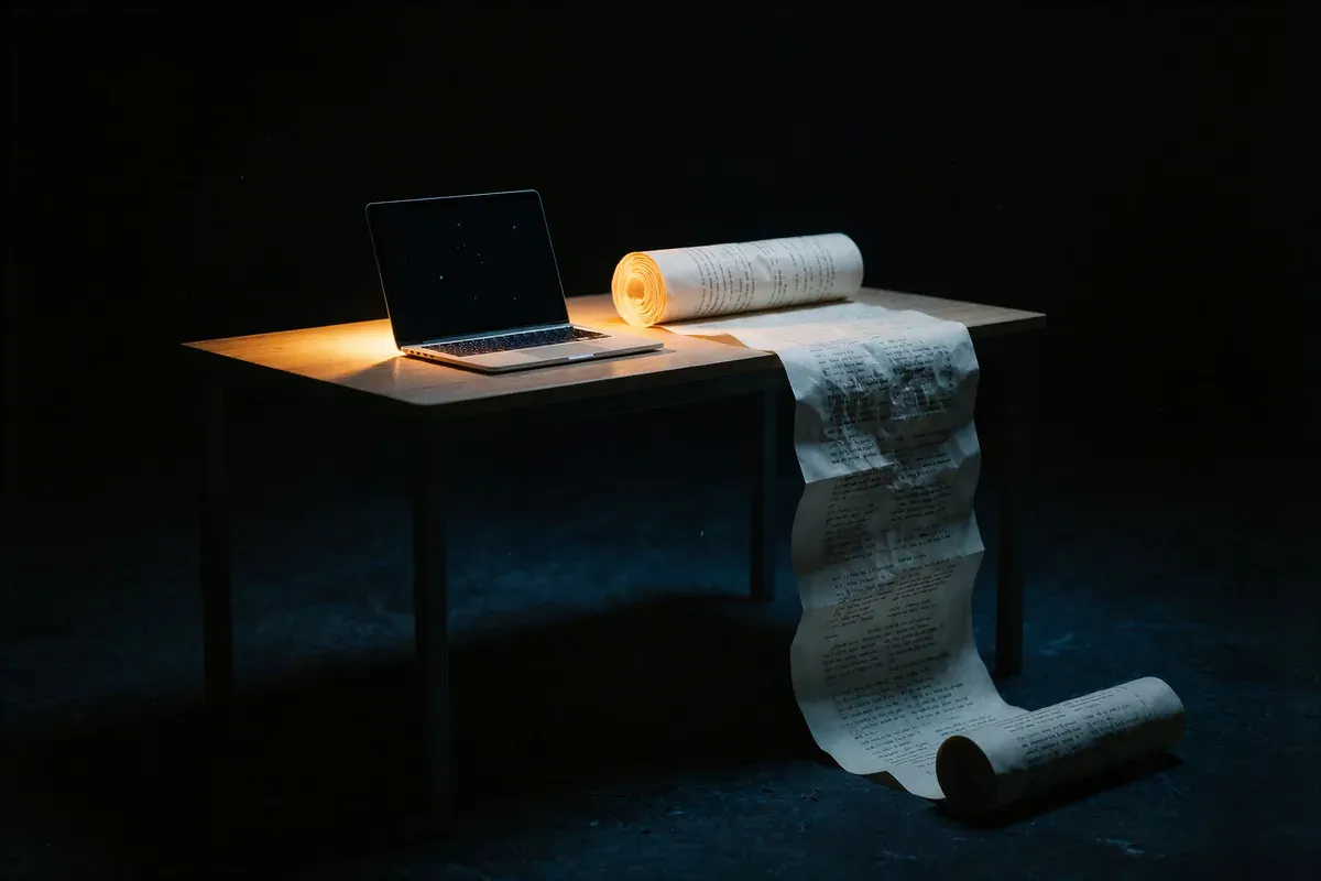 A laptop on a desk at night beside a paper scroll that spills off the table onto the floor