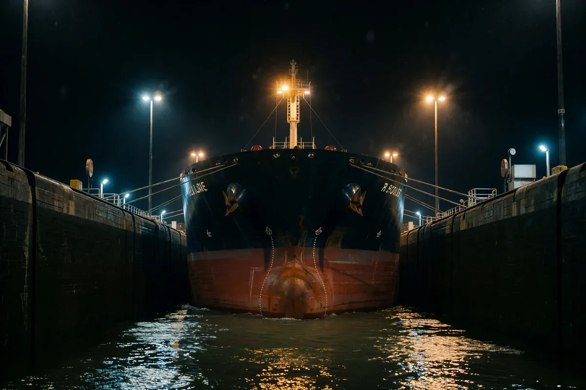 A large cargo ship easing into a narrow canal lock at night with inches to spare