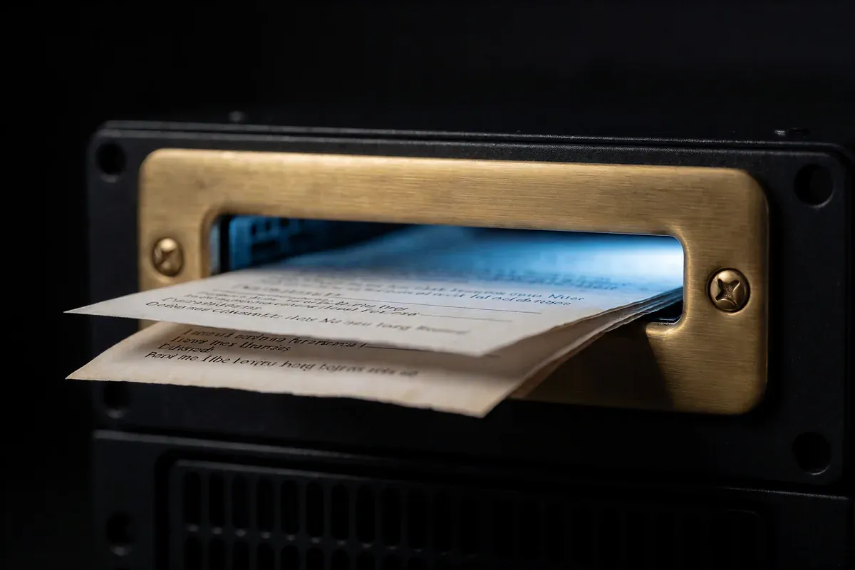 A brass mail slot in the front of a small server rack with paper documents sliding in and dissolving into blue light