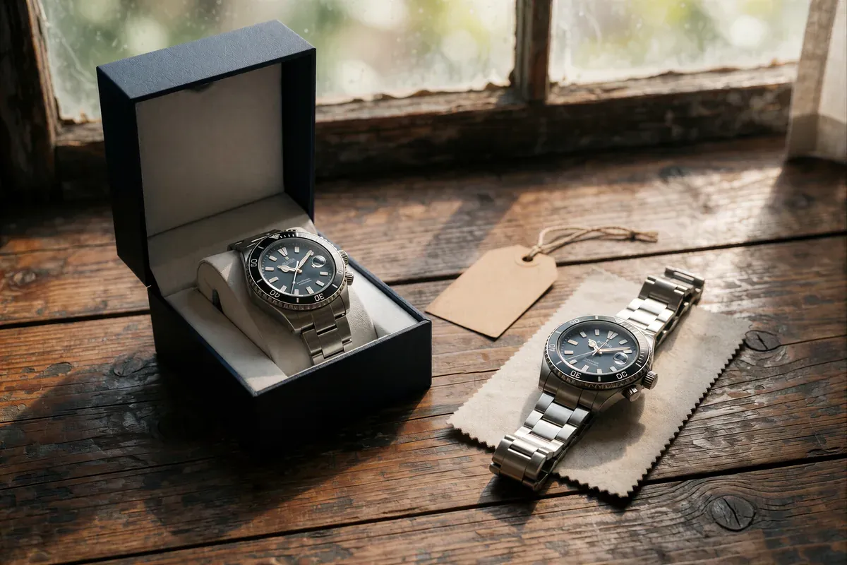 Two automatic wristwatches on a weathered wooden table, one new in a presentation box and one lightly worn on a cloth, with a blank paper tag between them