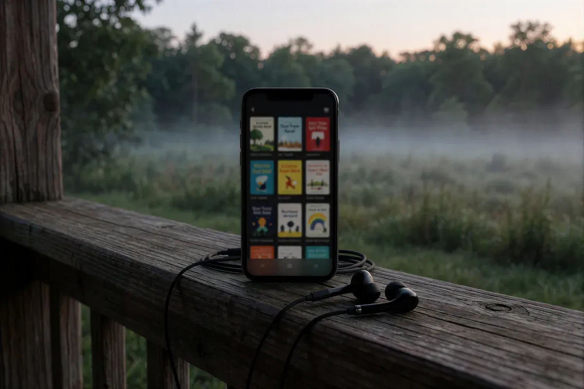 A phone with a dimmed grid of book covers and wired earbuds on a weathered porch rail at dusk, with woods and low fog behind