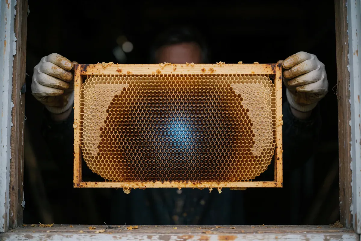Gloved hands holding a honeycomb frame up to the light, one cell near the center glowing blue
