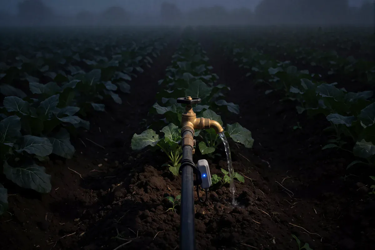A single brass valve in a dark field feeding water to one plant, a small blue-lit device clipped to the pipe