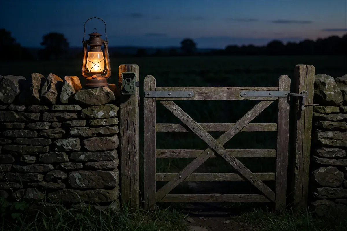 A gatekeeper's lantern on a stone wall at dusk beside a closed wooden gate, a small camera mounted above with its lens cap on