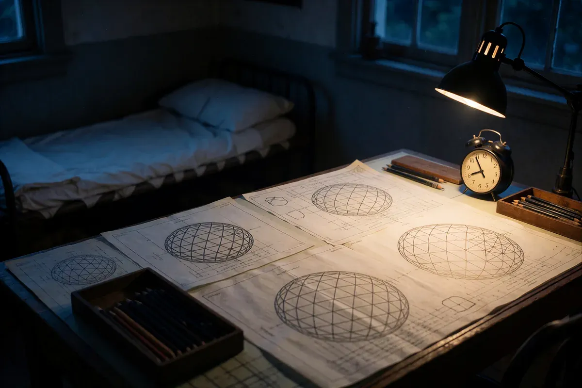 A 1930s drafting studio at night with a wind-up alarm clock on the table and a narrow cot made up in the corner