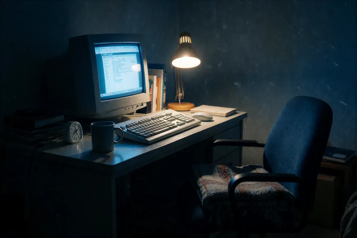 A home office at 3 a.m. in 2005, CRT monitor glowing, a kitchen timer on the desk, a blanket folded on the floor