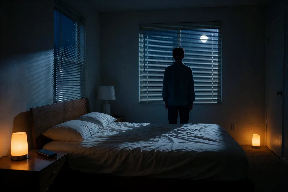 A person standing calmly at a dark window at night, seen from behind, an unmade bed in the moonlight