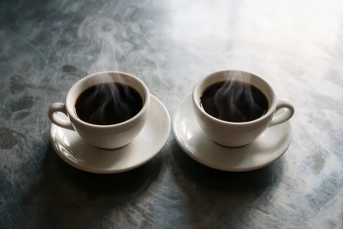 Two identical cups of black coffee steaming on a zinc counter