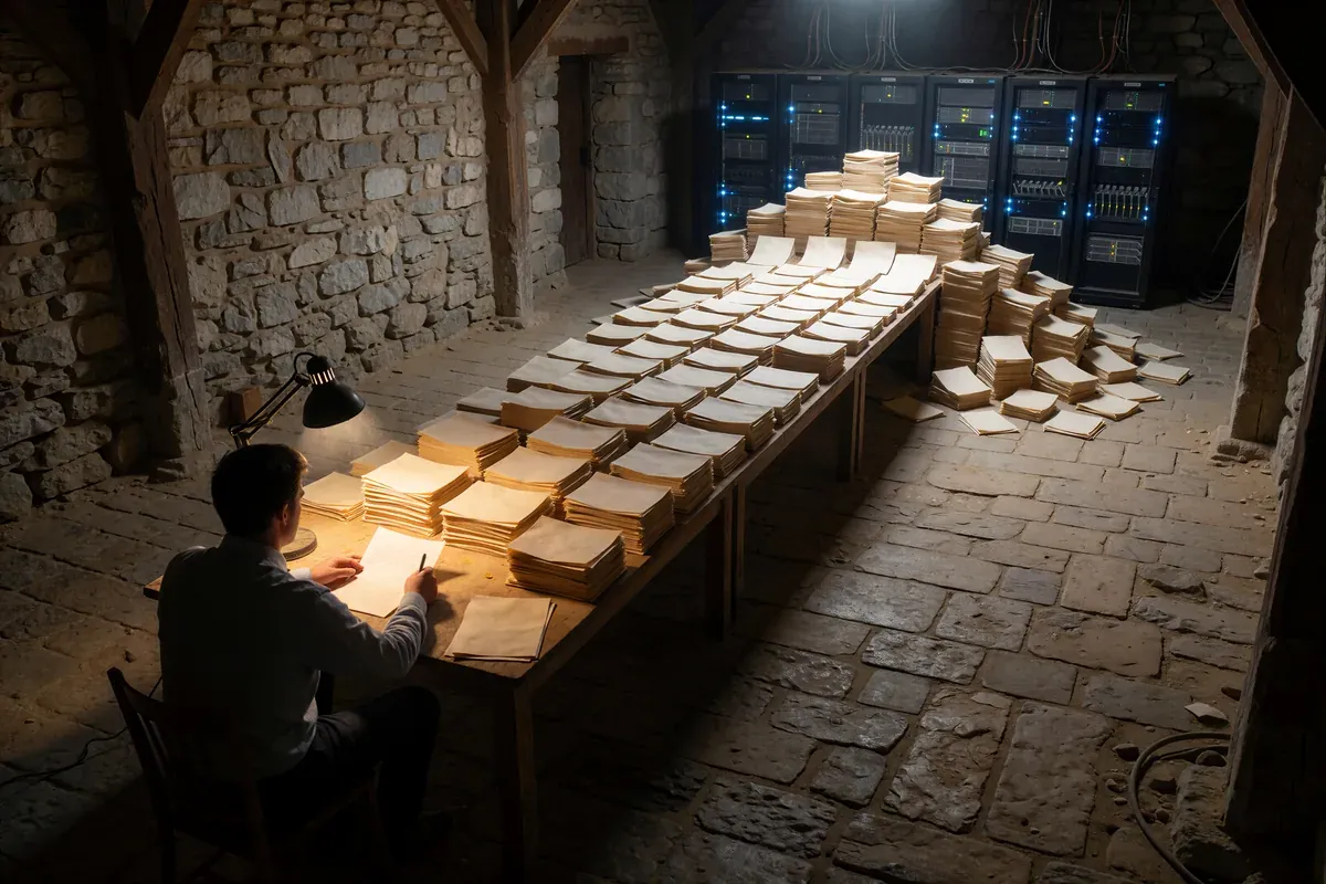 A long table in a stone barn buried in stacks of paper that pile higher toward the far end, glowing server racks behind it and one person reading by a lamp at the near end