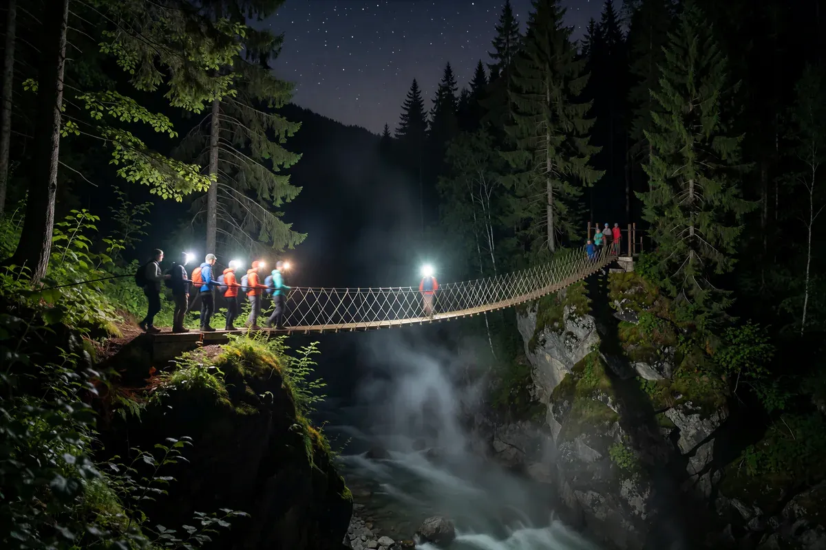 Hikers with headlamps waiting in single file at a rope bridge over a forest gorge at night while one crosses