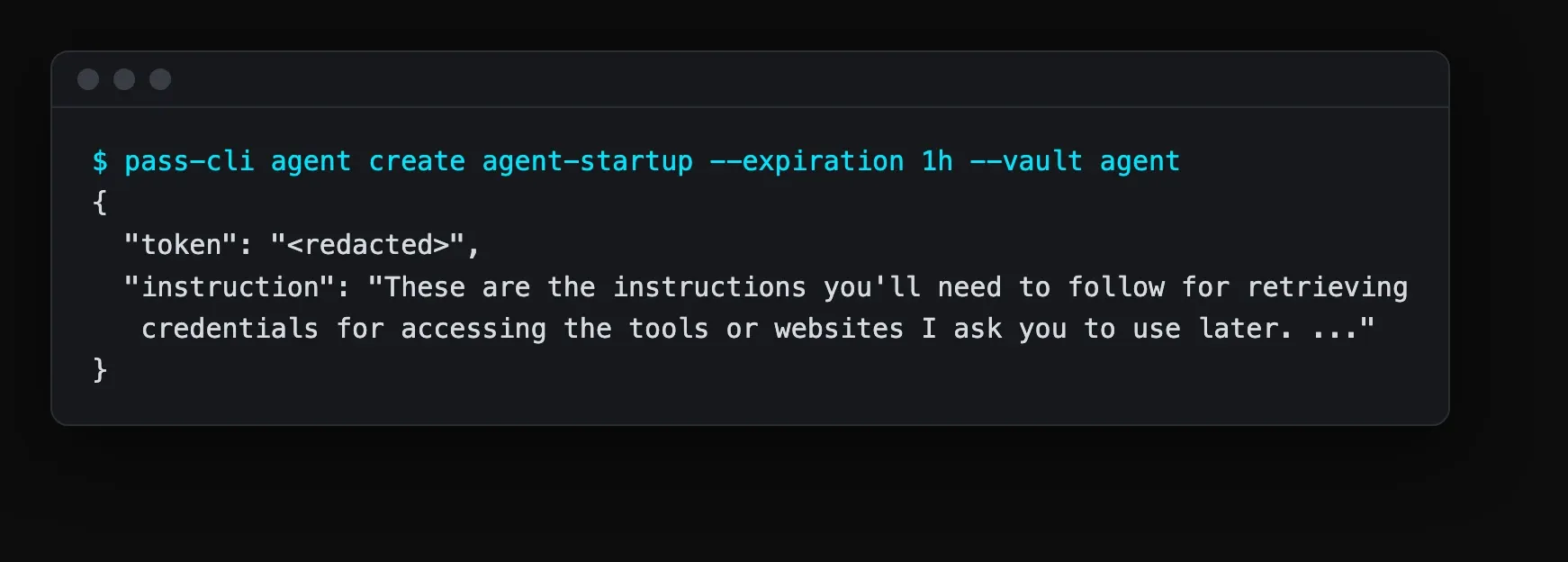 Terminal output of pass-cli agent create with the token value redacted