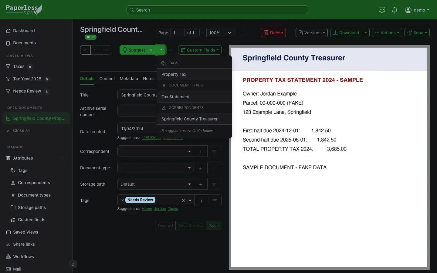 Paperless document page for a sample property tax statement with the AI Suggest menu open, showing a suggested tag, document type and correspondent