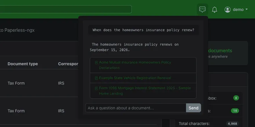 Paperless chat panel answering when a homeowners insurance policy renews, with the source documents listed below the answer