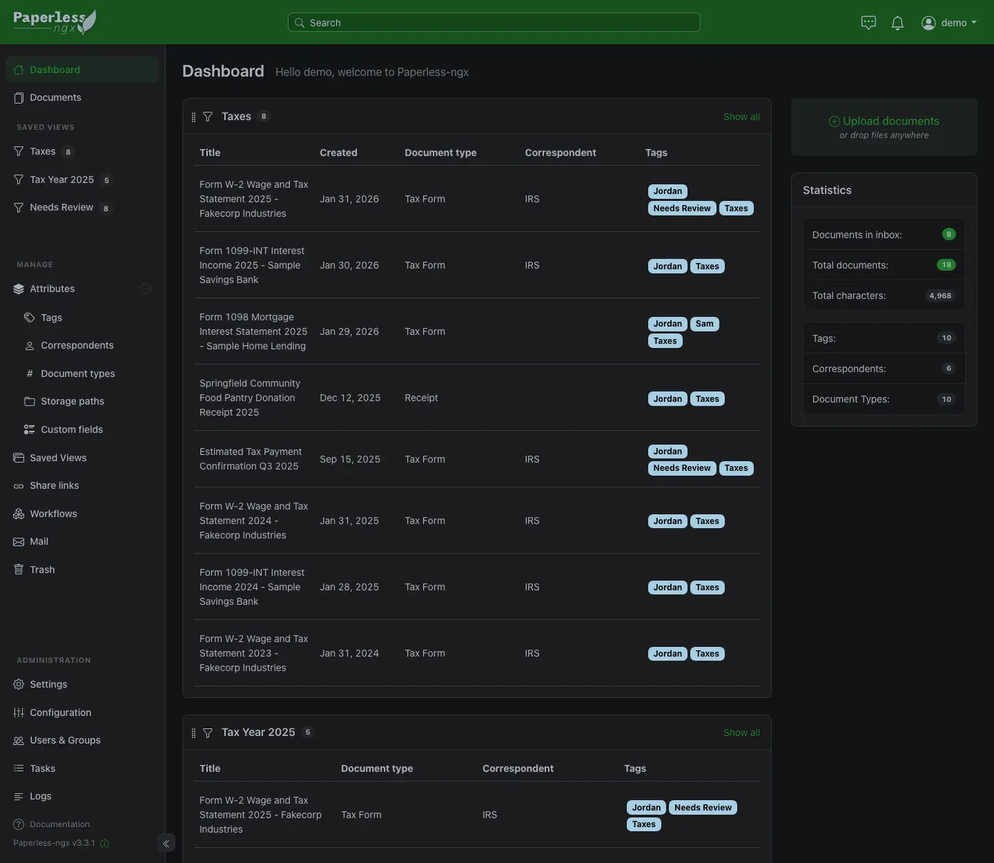 Paperless dashboard with saved views for Taxes and Tax Year 2025 and a Needs Review count in the sidebar