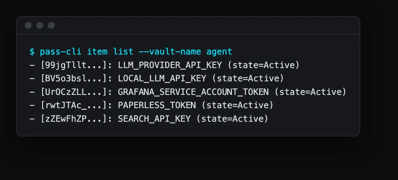 A Proton Pass vault listing items titled with environment variable names, values hidden