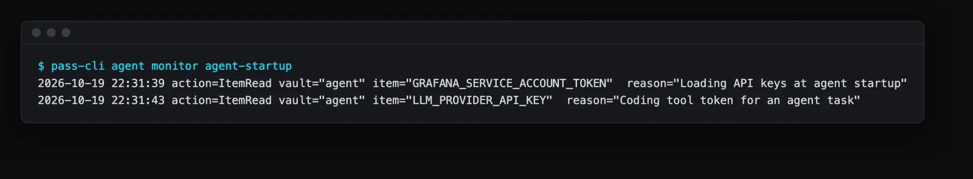 pass-cli agent monitor output listing ItemRead entries with vault, item and reason