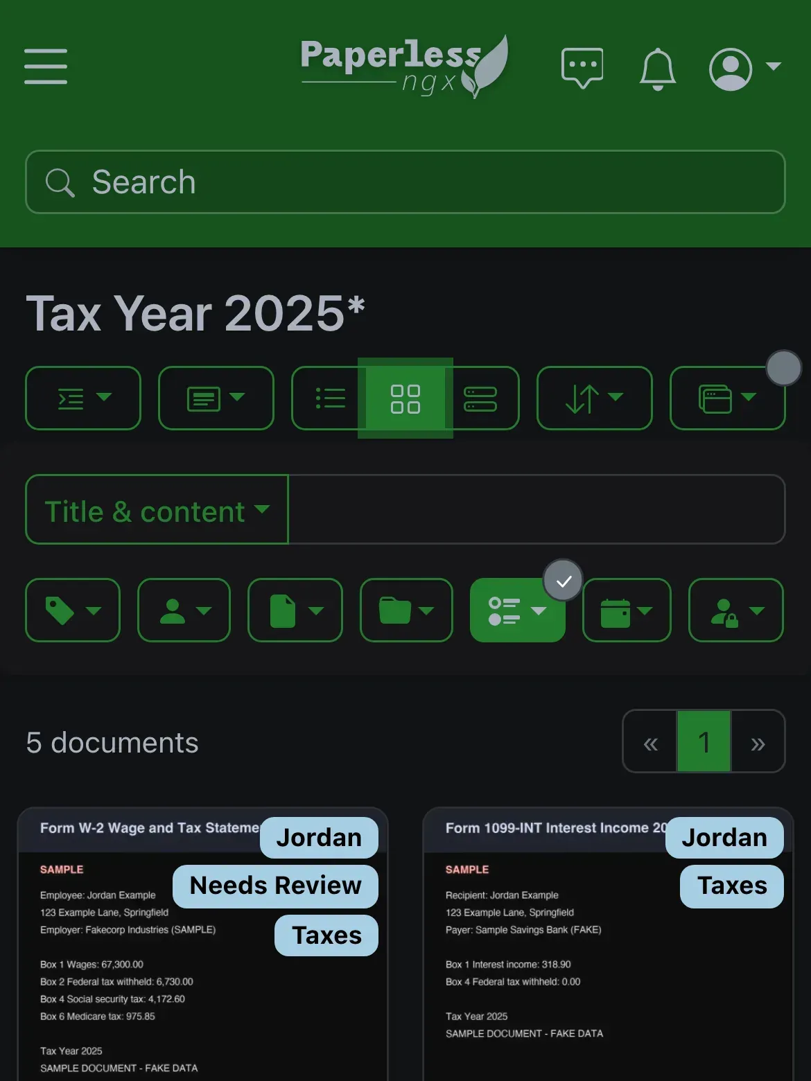 The Tax Year 2025 saved view in a phone browser, showing sample tax documents as cards with their tags