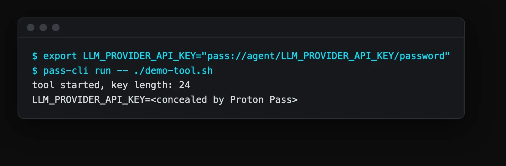 Terminal output from a tool launched through pass-cli run, with the token shown as concealed by Proton Pass