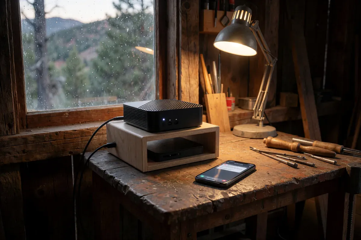 A compact mini PC on a plywood shelf in a rustic workshop at dusk, with a phone on the workbench lit up by a new message